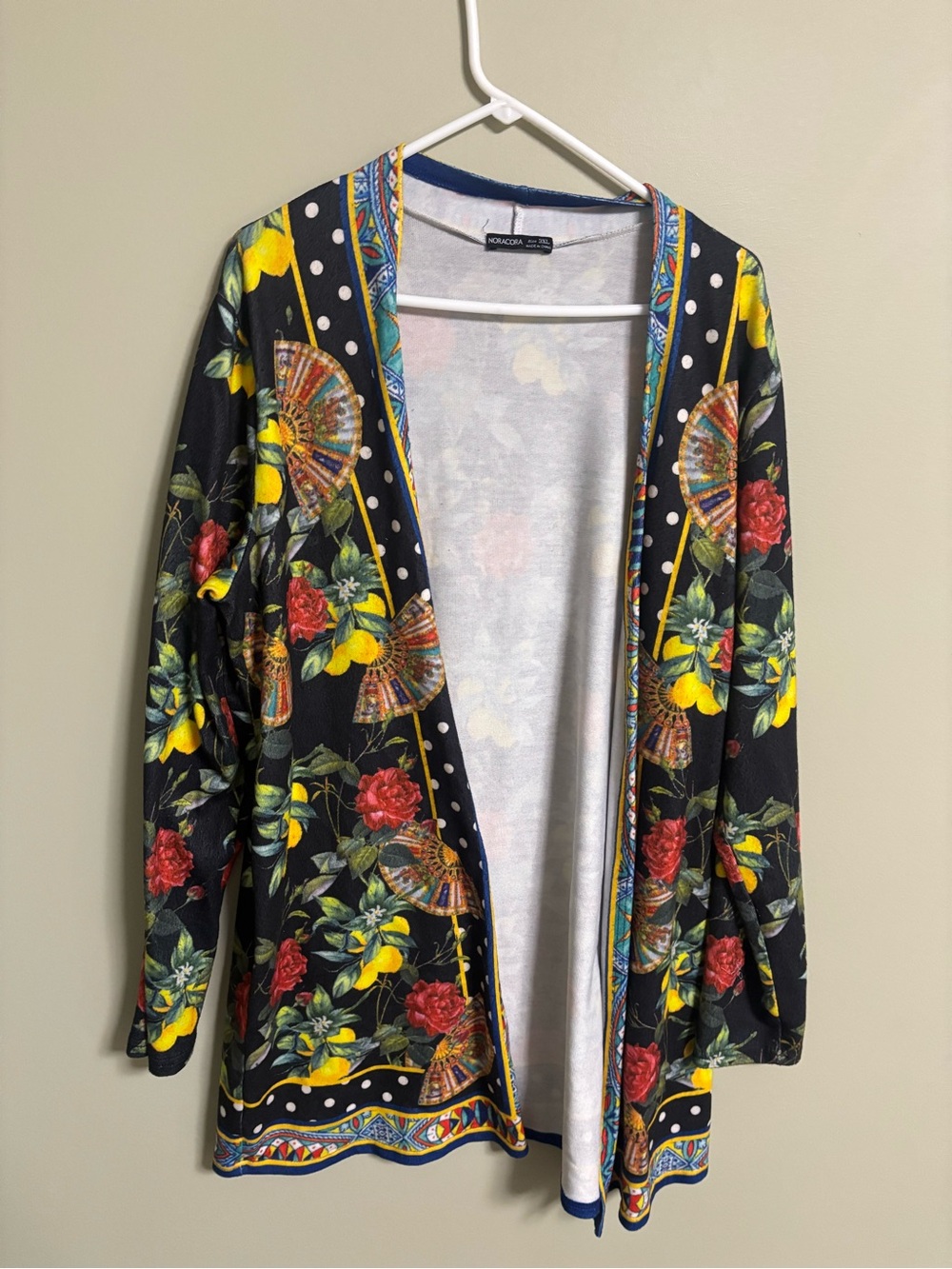 Noracora Open Front Duster Floral All Over Print Size 3X Lemons Fan Rose Maximal